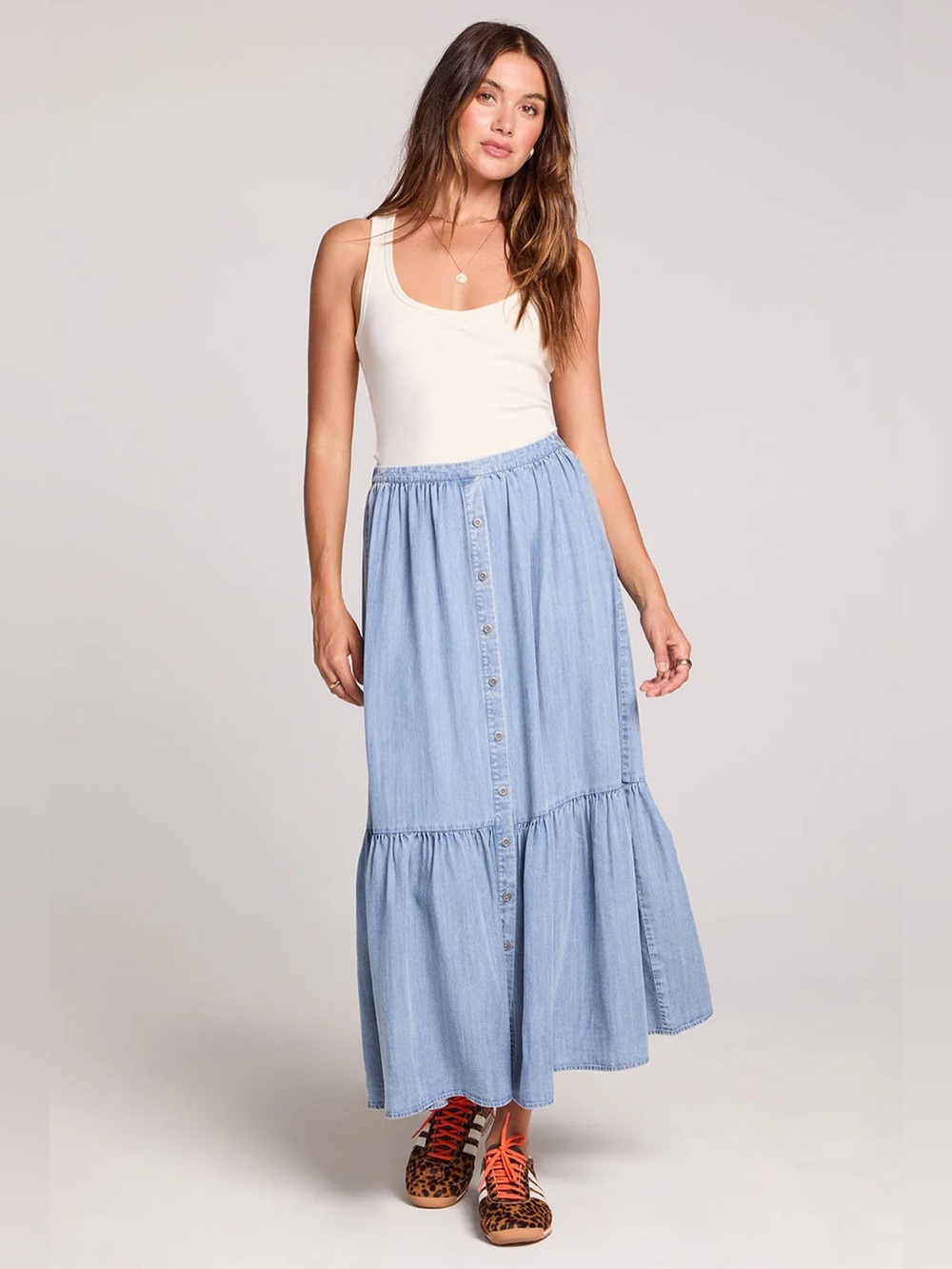 saltwater LUXE Washed Chambray Button-Front Maxi Skirt - Blue